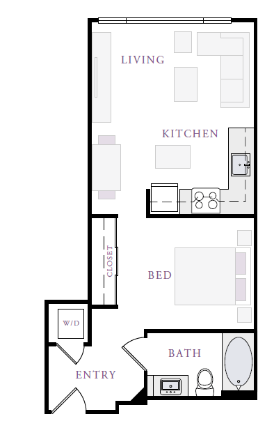 Floor plan for 1 bed, 1 bath, 536 sqft